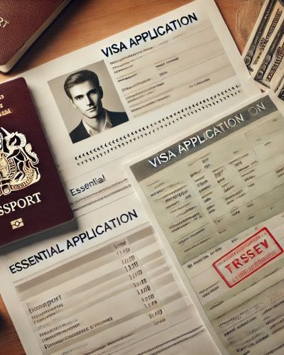 DALL·E 2024-08-27 14.15.40 - A top-down view of essential documents needed for a visa application, including a passport, a filled-out visa application form, a recent passport-size